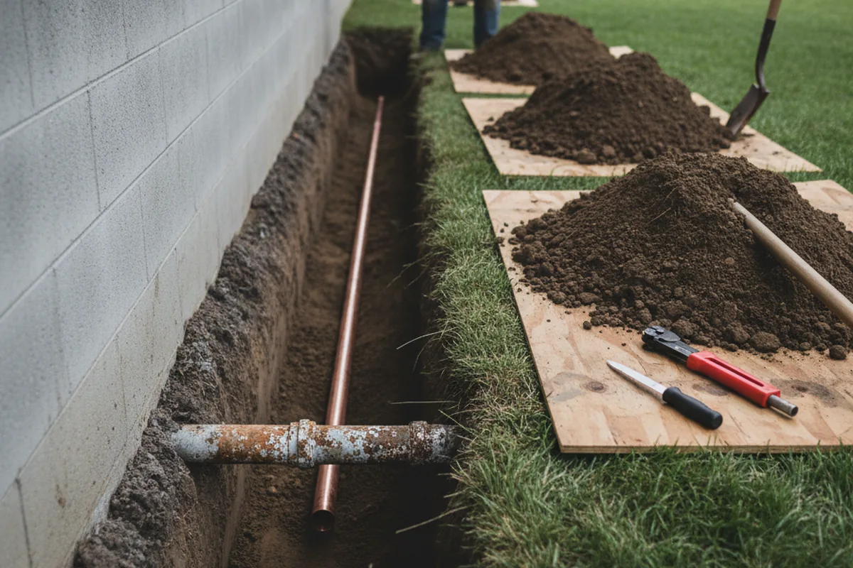 Excavated water line trench during Water Softener Installation in Swisher